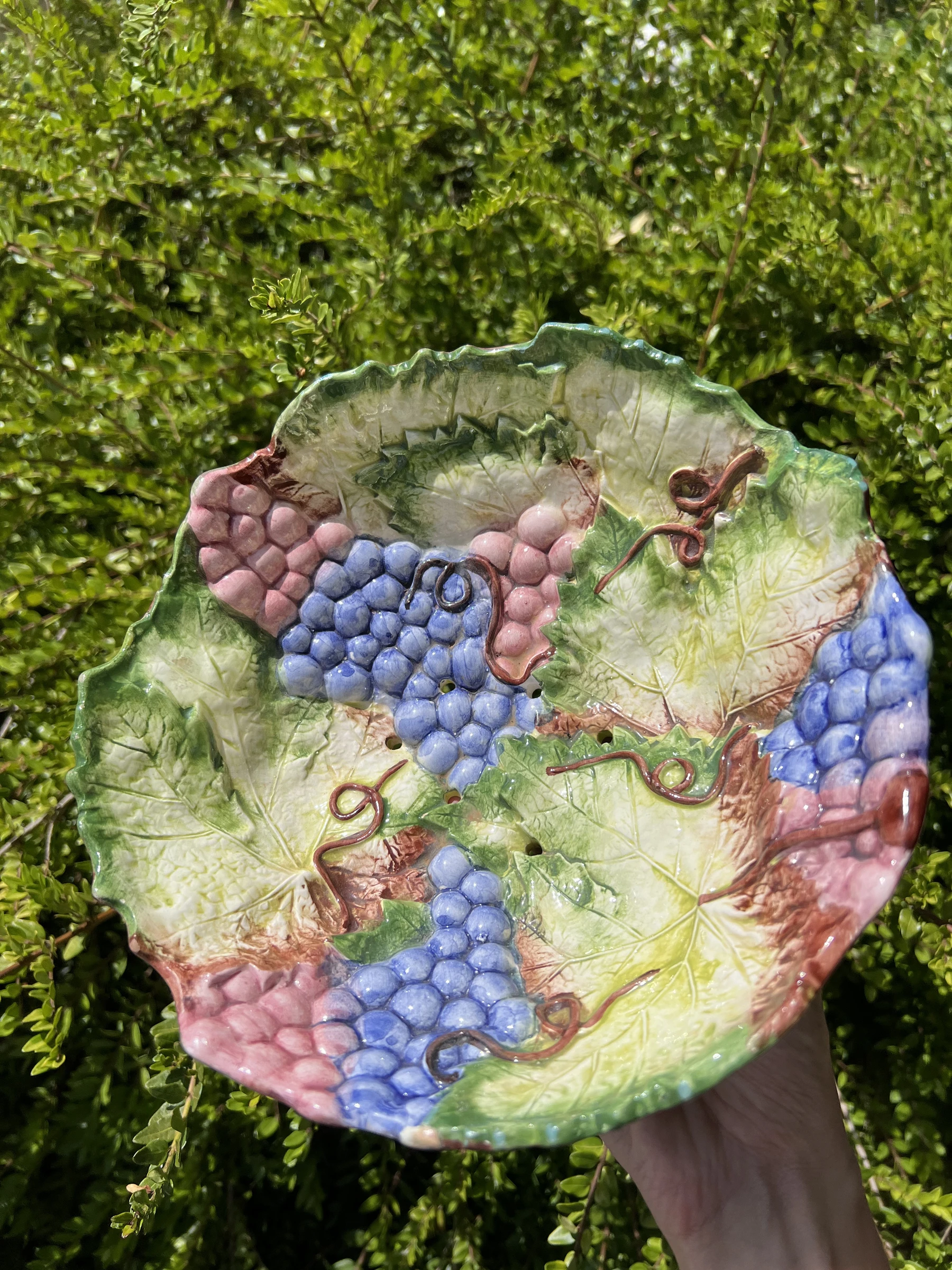 🍇 Égouttoir à fruits en céramique vintage décor raisins & feuilles de vigne 23